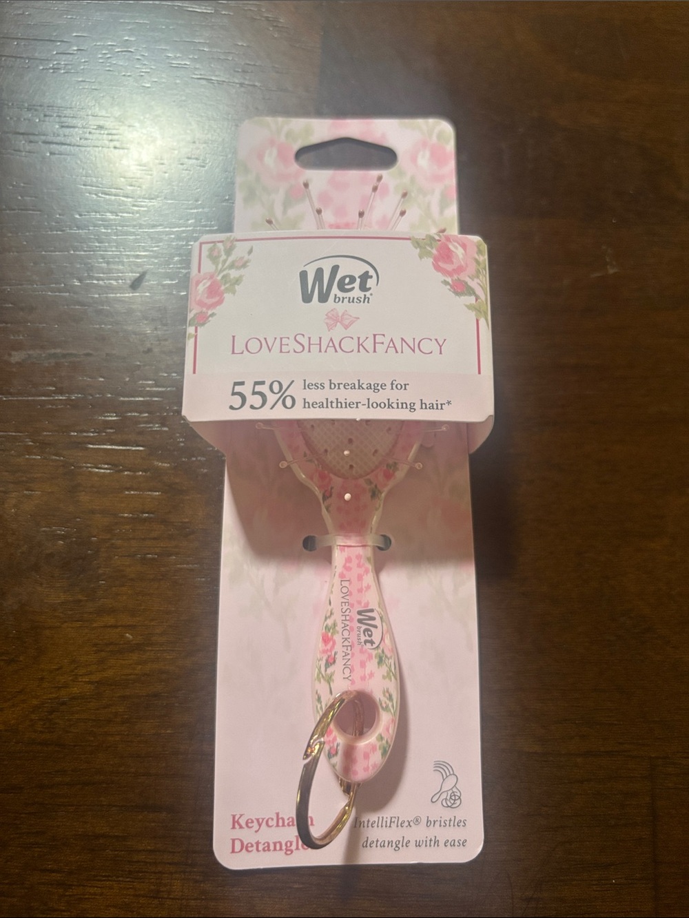 LoveShackFancy Pink Floral Keychain Detangling Brush with Gold Ring